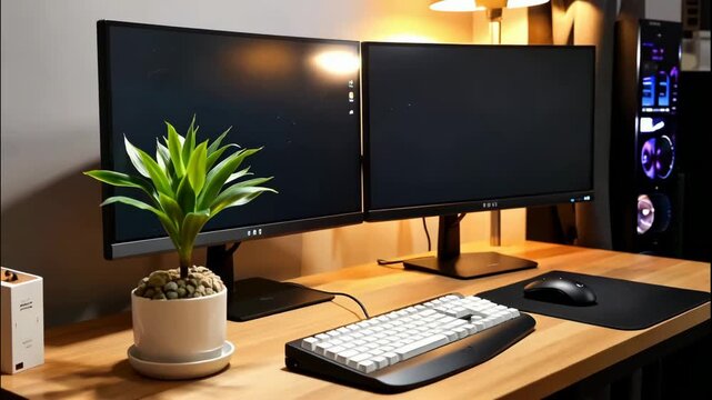 A contemporary desk arrangement featuring two computer screens, ergonomic keyboard, mouse, and a potted plant. Ideal for remote work, studying, or gaming environments.