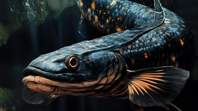 Close-up of sleek, scaled, blue-gray fish with golden fins in dark environment