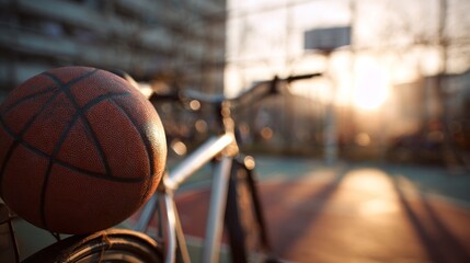 Basketball ready on a bicycle with urban court scene at vibrant sunrise
