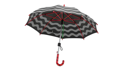 Umbrella with Wavy Black and Grey Pattern and Red Handle