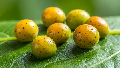 Close-up of small, round, green fruits with yellow spots on a large green leaf.