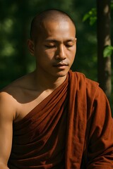 Buddhist Monk Meditating in Forest with Eyes Closed