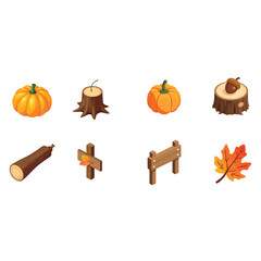 Cute autumn nature elements pumpkin log stump leaf and wooden sign flat vector set
