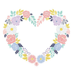 A heart-shaped floral wreath with pastel flowers and leaves on a white background