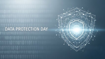 Data Protection Day illustration with a glowing shield and binary code background