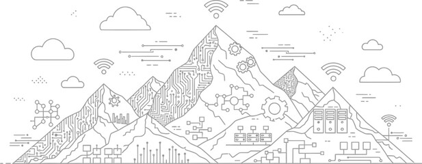 Abstract line art representation of digital transformation across mountain ranges symbolizing technological infrastructure and global connectivity concepts