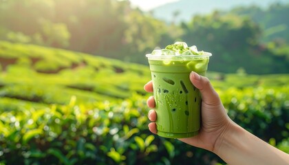 Refreshing Iced Matcha Green Tea Drink Held Up Against Lush Green Tea Plantation Background.