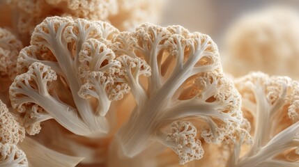 Close-up view of complex symmetrical patterns of cauliflower florets in creamy hue