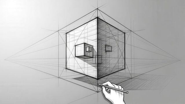 Hand Drawing Cube in Two-Point Perspective with Vanishing Lines and Geometric Shapes