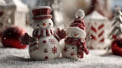 Fototapeta premium Festive snowman figurines on a snowy surface, winter holiday decoration