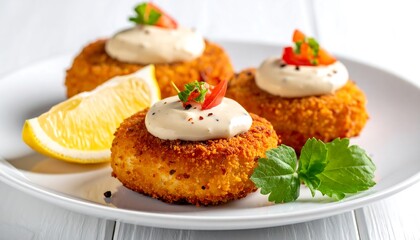 Delicious Golden Brown Crab Cakes Topped with Creamy Sauce and Garnish.