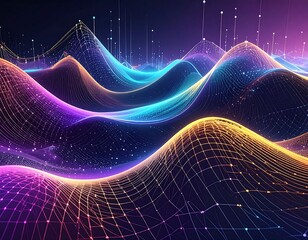 Glowing digital data waves in purple, blue and orange shades