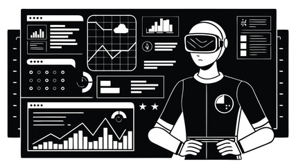 A woman doctor with a stethoscope works at an office desk with a laptop in this professional cartoon vector illustration