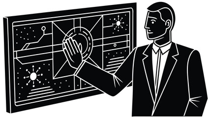 A successful businessman in a professional suit uses a 3d digital pen to draw social media icons and communication symbols on a virtual blackboard concept for web technology