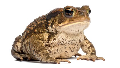A detailed close-up studio shot of a toad on a white background.