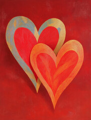 Everlasting Bond: Two stylized hearts, rendered in a warm, artistic style, intertwine against a vibrant red backdrop.  A symbolic representation of love, connection, and enduring affection.