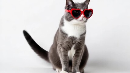 A stylish cat wearing heart shaped sunglasses.