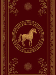 Golden Horse Elegance: An illustration showcasing a golden horse, intricately detailed, enclosed within an ornate circular frame, set against a rich crimson backdrop.