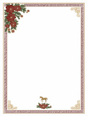 Elegant Floral Border and horse Illustration: A meticulously designed frame, adorned with vibrant flowers and detailed patterns, elegantly encloses an open space with a horse illustration.