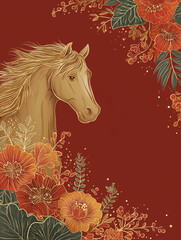 Majestic Horse with Floral Elegance: A beautifully crafted illustration of a majestic horse adorned with vibrant floral elements, set against a rich, warm background.