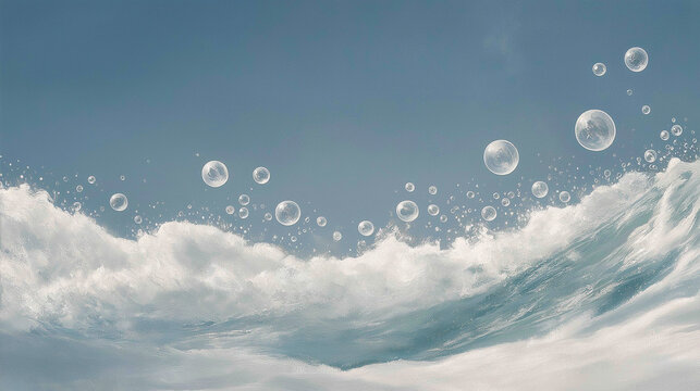 Bubbles in the Sky: Whimsical bubbles float gently in the vast expanse of a clear, blue sky, creating a sense of ethereal beauty and lightheartedness above rolling clouds.