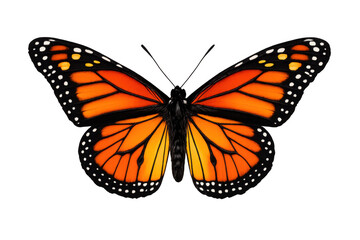 Fototapeta premium Monarch butterfly showing its vibrant orange wings, black veins, and white spots. Transparent background for versatile use