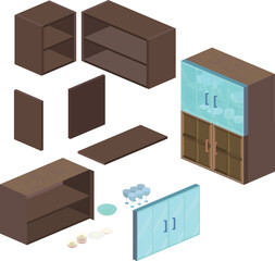 箱庭キャビネットのイラスト素材 - アイソメトリックなお部屋の家具セット