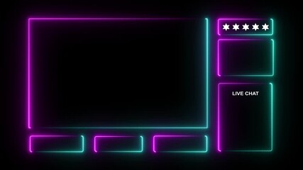 Neon glowing animated intermission stream overlay with hud facecam border, chat frame design for live broadcast visuals.4k motion graphics video