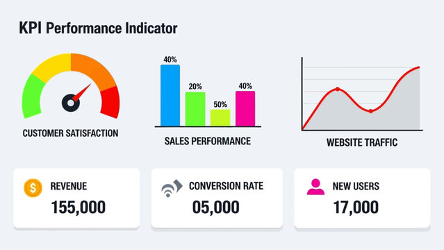Business performance dashboard showing KPIs for customer satisfaction, sales, website traffic, revenue, and conversion rates, empowering strategic analysis