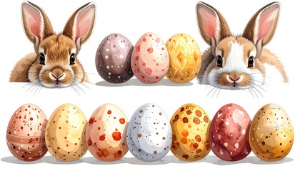 Watercolor Easter Bunnies and Decorated Eggs Festive Illustration.