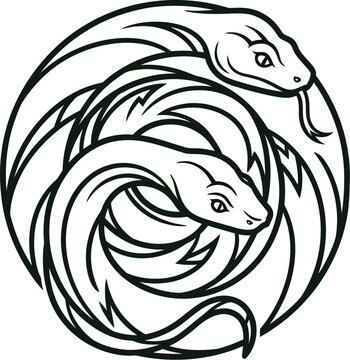 Striking black and white outline drawing of two stylized snakes intertwined symmetrically within a circular tribal crest design featuring dynamic flowing lines