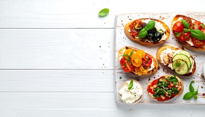 Assortment of Delicious Bruschetta Toppings on Toasted Bread.