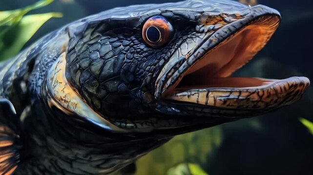 A close-up of fish with scale pattern and open mouth, dark eye