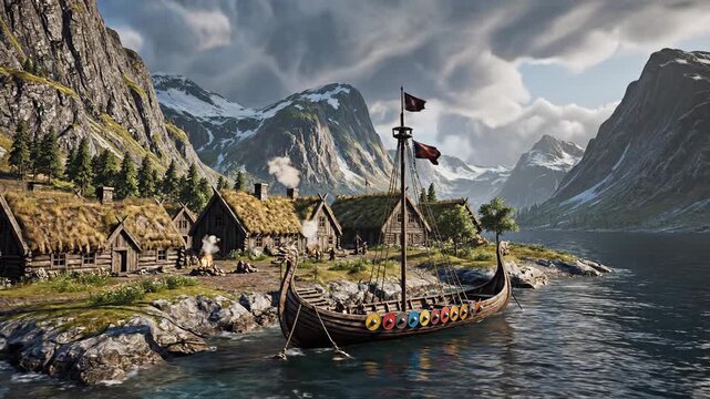 A viking longboat at a dock, facing village, surrounded by mountains and sea