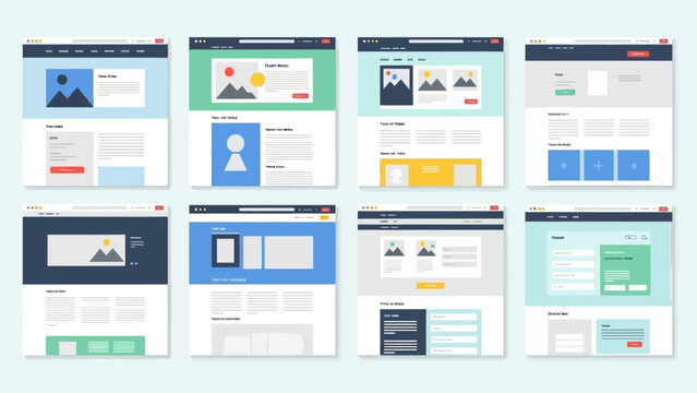 Illustration of modern flat design web page layouts displayed in browser windows, ideal for responsive user interface development and technology concepts