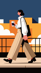 Urban Stroll Woman with Coffee and Tote Bag