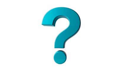 A 3D rendered turquoise question mark floats isolated against a black background, suggesting inquiry and contemplation