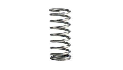 A close-up, neutrally-lit, 3D rendering of a compression spring. Its metallic coils are shown against a stark black background, highlighting its shape