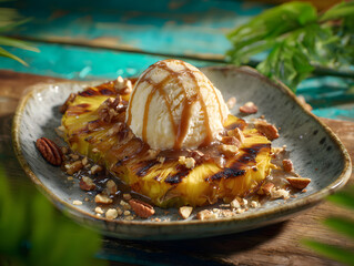Grilled pine apple with ice cream on dish.