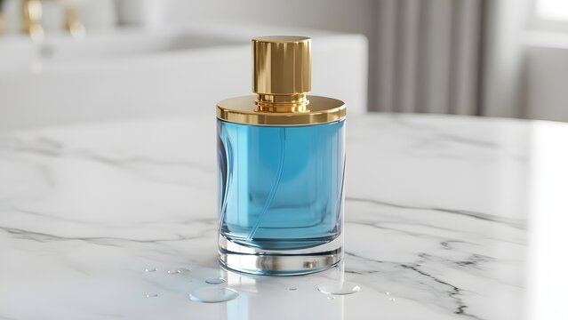 Elegant blue fragrance bottle on pristine marble, embodying sophisticated luxury and a refined, alluring aroma; a premium personal statement of exquisite taste