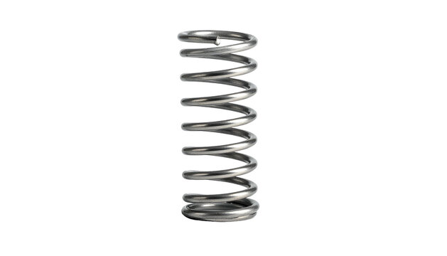 A close-up, neutrally-lit, 3D rendering of a compression spring. Its metallic coils are shown against a stark black background, highlighting its shape