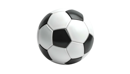 A close-up view of a standard soccer ball against a stark black backdrop. The ball displays the classic pentagon and hexagon panel design