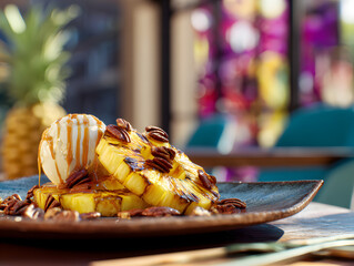 Grilled pine apple with ice cream on dish.