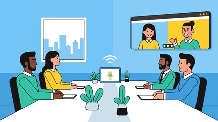 Modern professional team conducting a hybrid video conference meeting, connecting physically present colleagues with remote participants for effective virtual collaboration