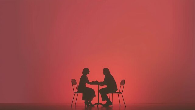 First valentine date atmosphere, two silhouettes sitting at a small table, soft red and pink lighting, gentle romantic mood, clean minimal composition