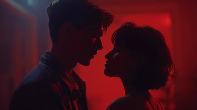 A man and woman are kissing in a dark room. Scene is romantic. First valentine date cinematic still, intimate atmosphere, soft red lighting gradients, quiet romantic tension, minimalist framing