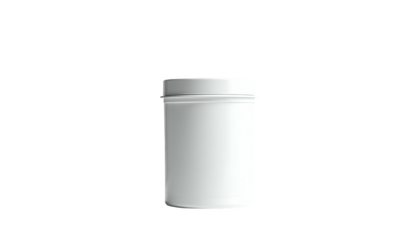 A cylindrical, white container with a screw-on lid sits against a black background. The clean design evokes simplicity and product placement
