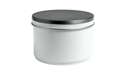 A cylindrical, white container with a glossy finish and a dark metallic lid. The clean design is set against a black backdrop