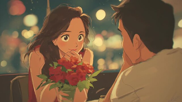 First valentine date emotional moment, gentle eye contact, warm romantic glow, uncluttered background, commercial-friendly look