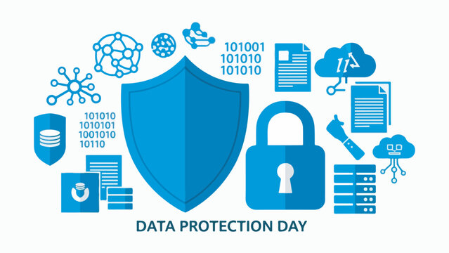 Data Protection Day illustration featuring a shield, padlock, binary code, cloud storage, and network nodes symbolizing cybersecurity and digital privacy. - Powered by Adobe